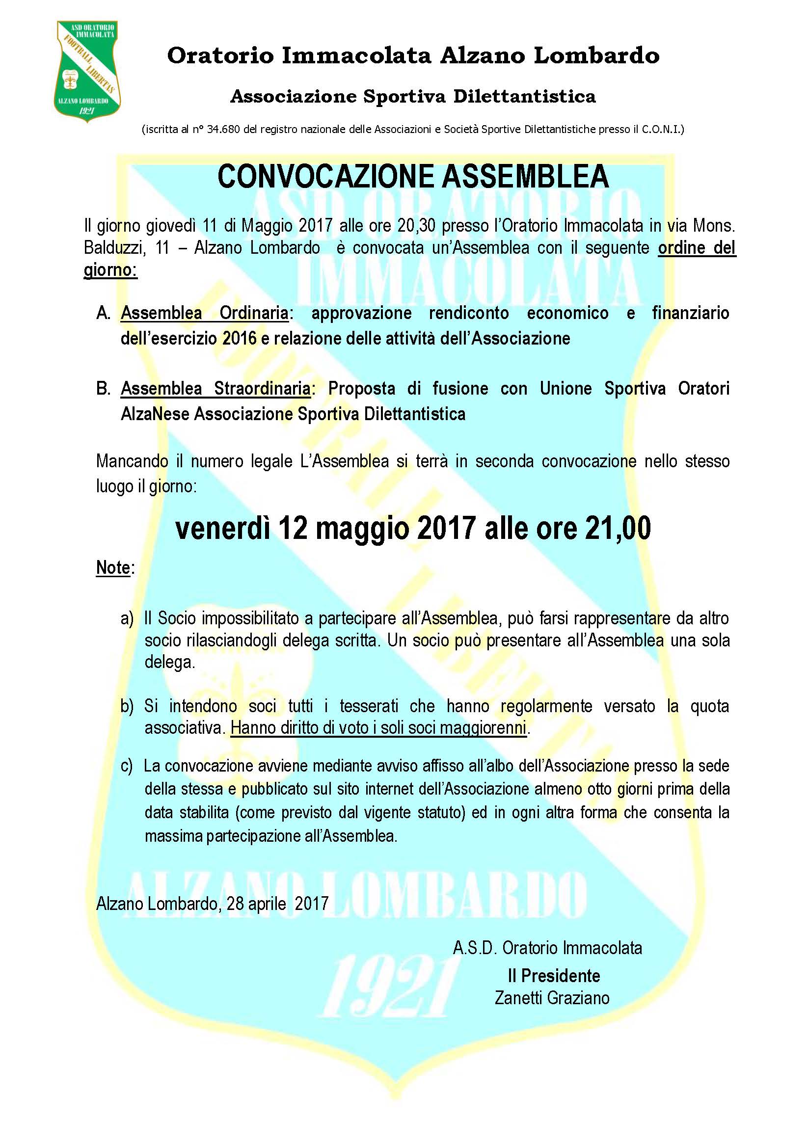 Convocazione assemblea Immacolata 2017